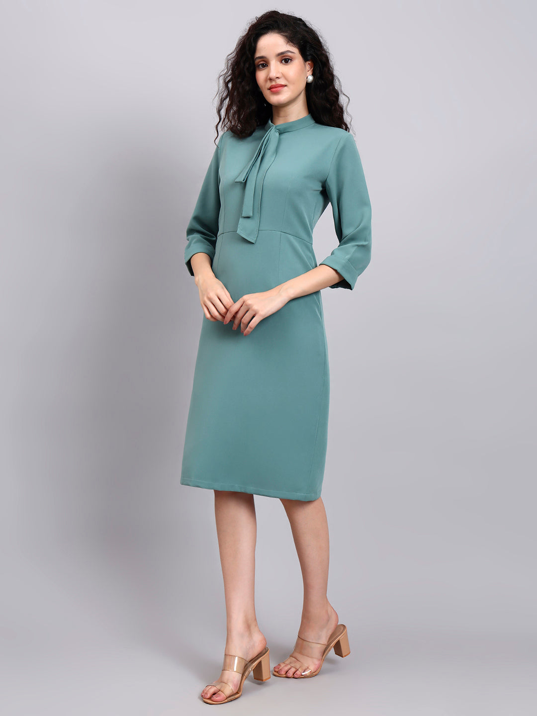 Comfortable Sage Green Pencil Dress with High Neck and Stretch Fabric