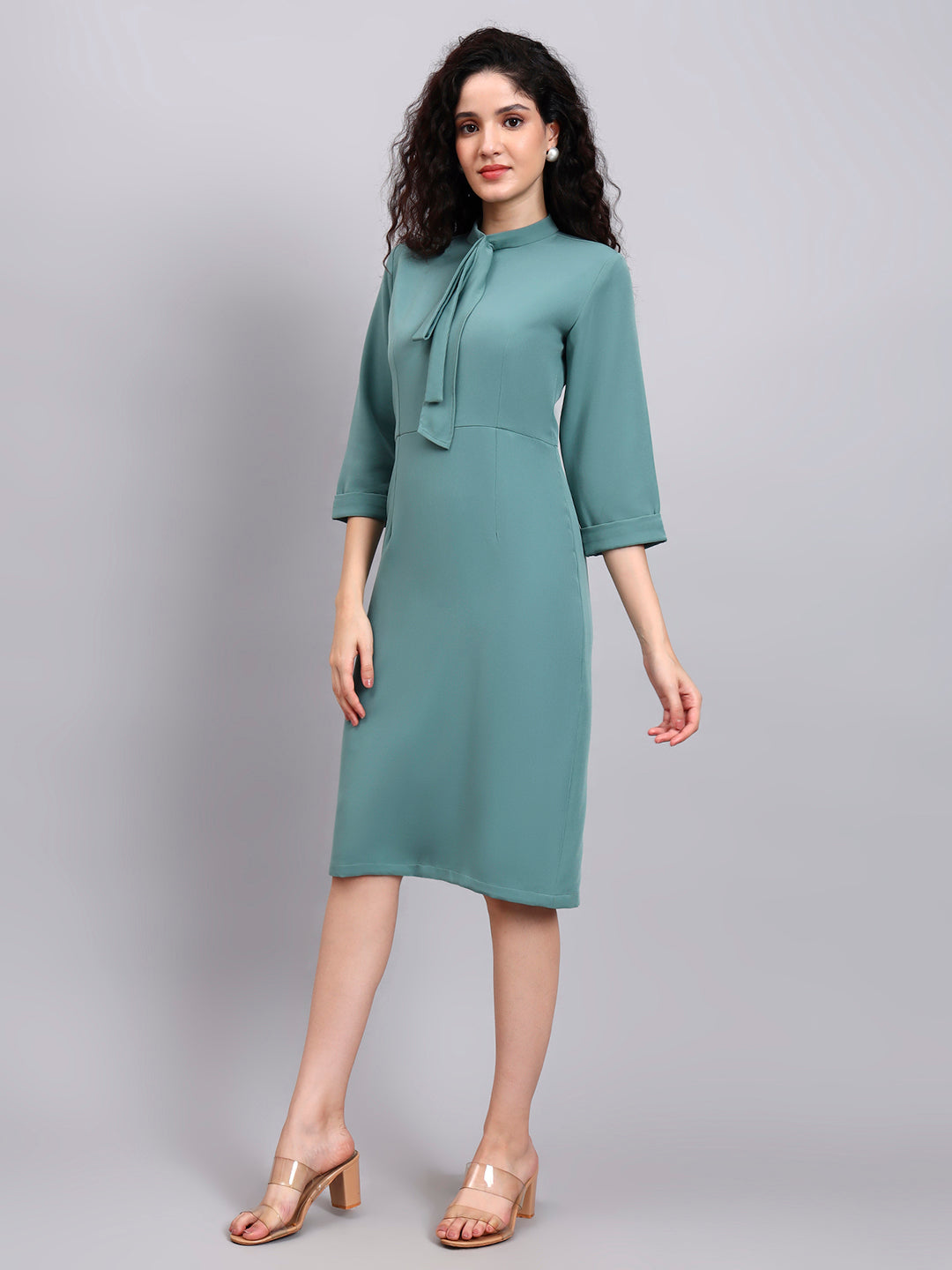 Comfortable Sage Green Pencil Dress with High Neck and Stretch Fabric