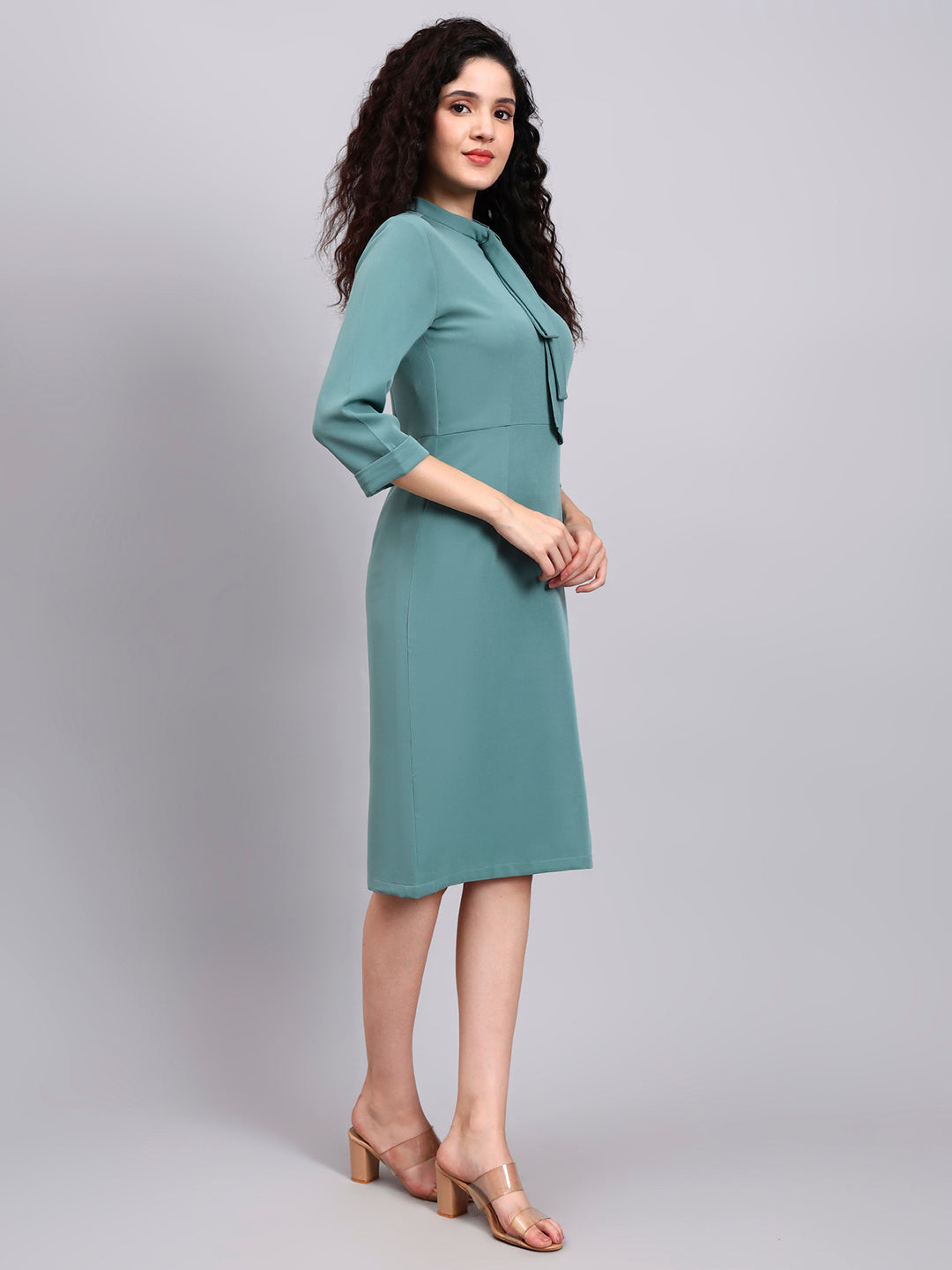 Comfortable Sage Green Pencil Dress with High Neck and Stretch Fabric