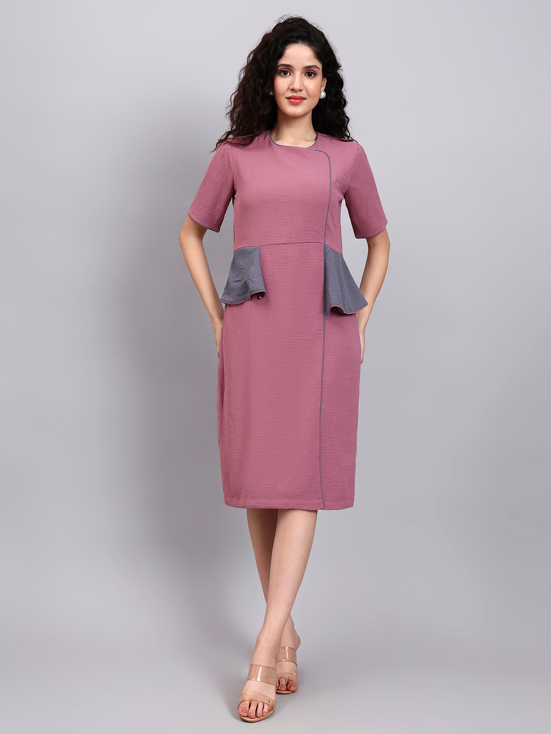 Structured Mauve Peplum Dress with Grey Contrast and Short Sleeves