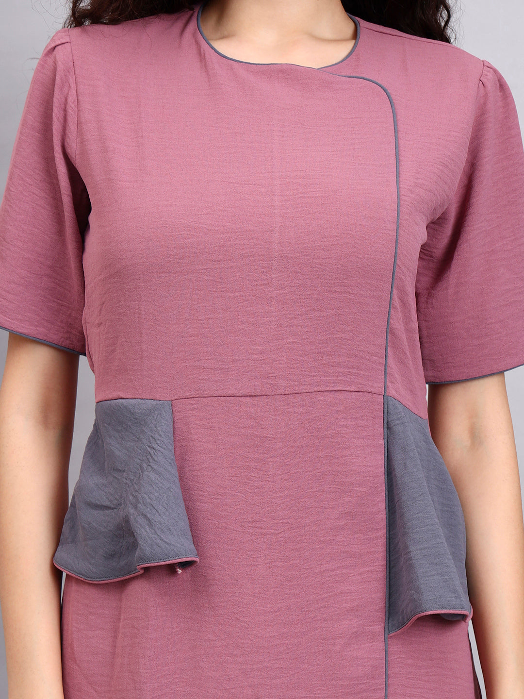 Structured Mauve Peplum Dress with Grey Contrast and Short Sleeves