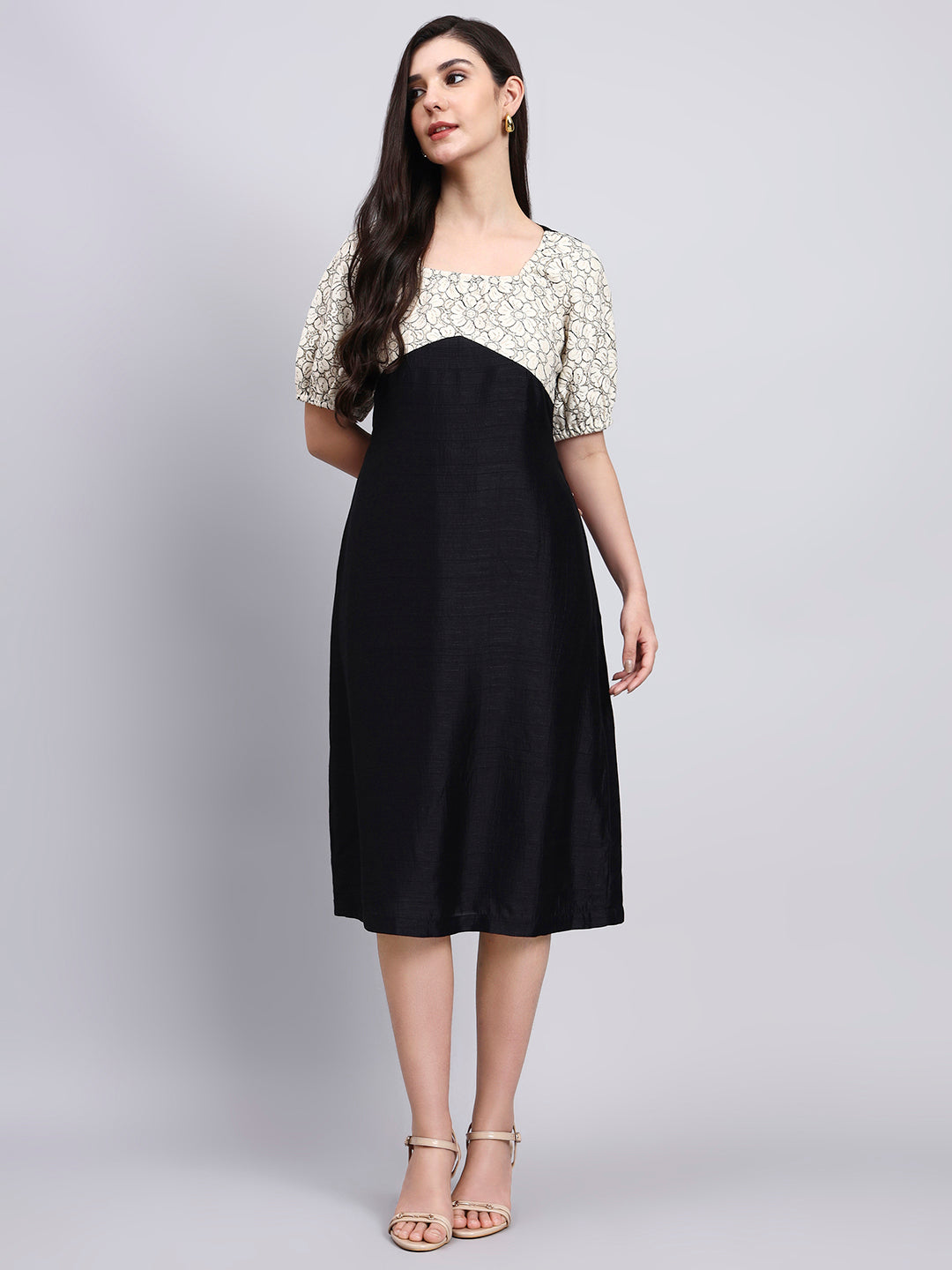 Vintage Floral Bodice Black Midi Dress