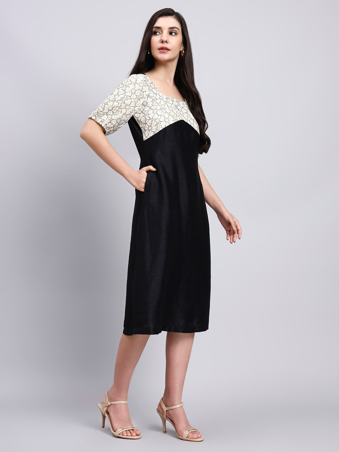 Vintage Floral Bodice Black Midi Dress