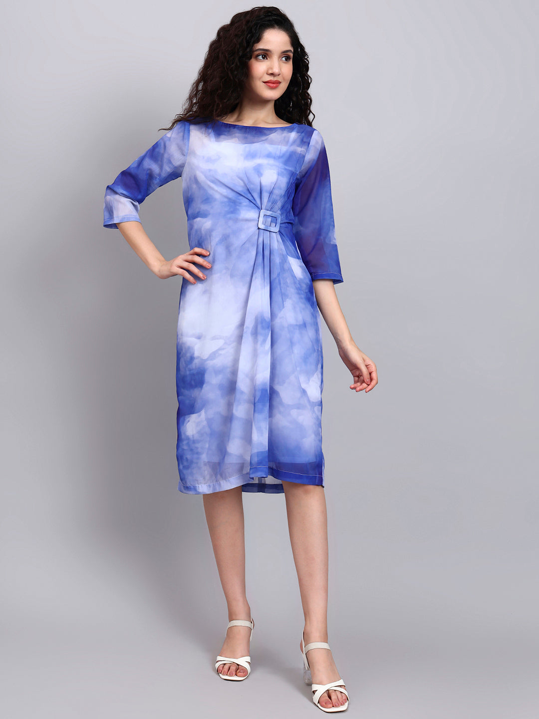 Blue Serenity Watercolor-Effect Drape Dress with Buckle Detail