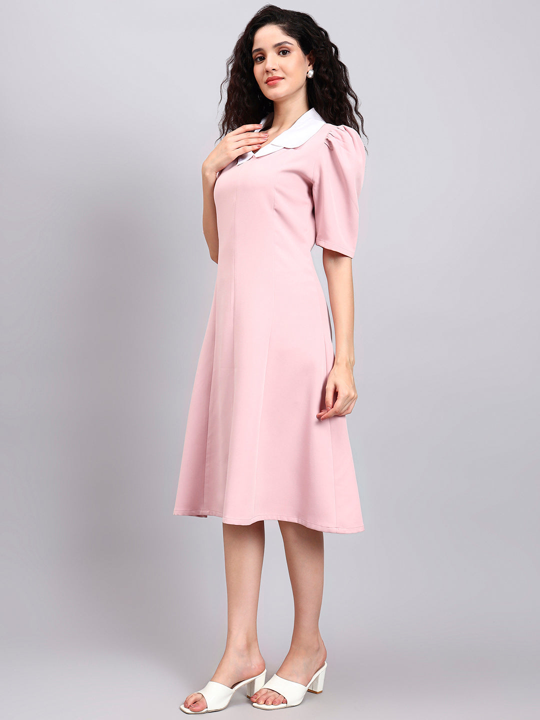 Elegant Baby Pink Dress with Crisp White Collar Accent