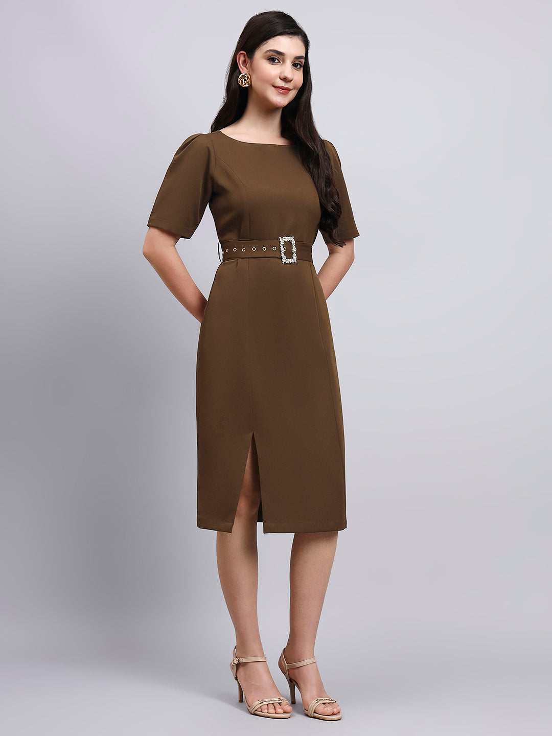 brown belt dress Buy Sosandar Puff Sleeve Self Covered from Next USA Style it with wedges and a clutch for an elevated day look that feels effortlessly put Belt with Bodycon Dress Outfits