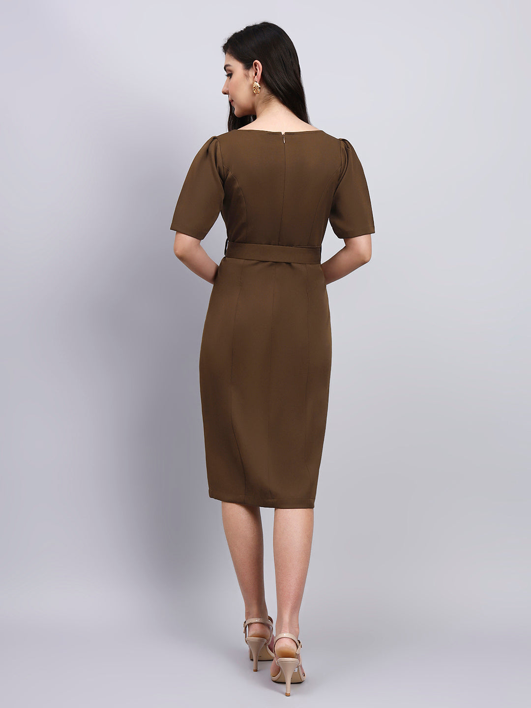 Elegant Brown Dress with crystal-embellished belt