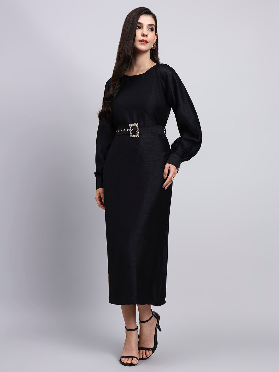 Women Black Belted Midi Dress Women Black Belted Midi Dress