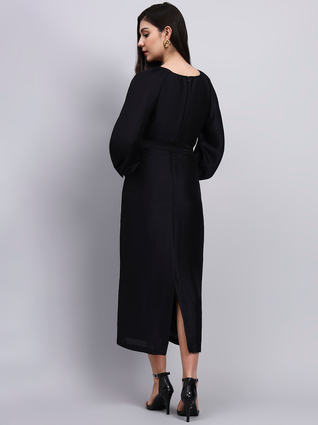 Classic Black Belted Midi Dress