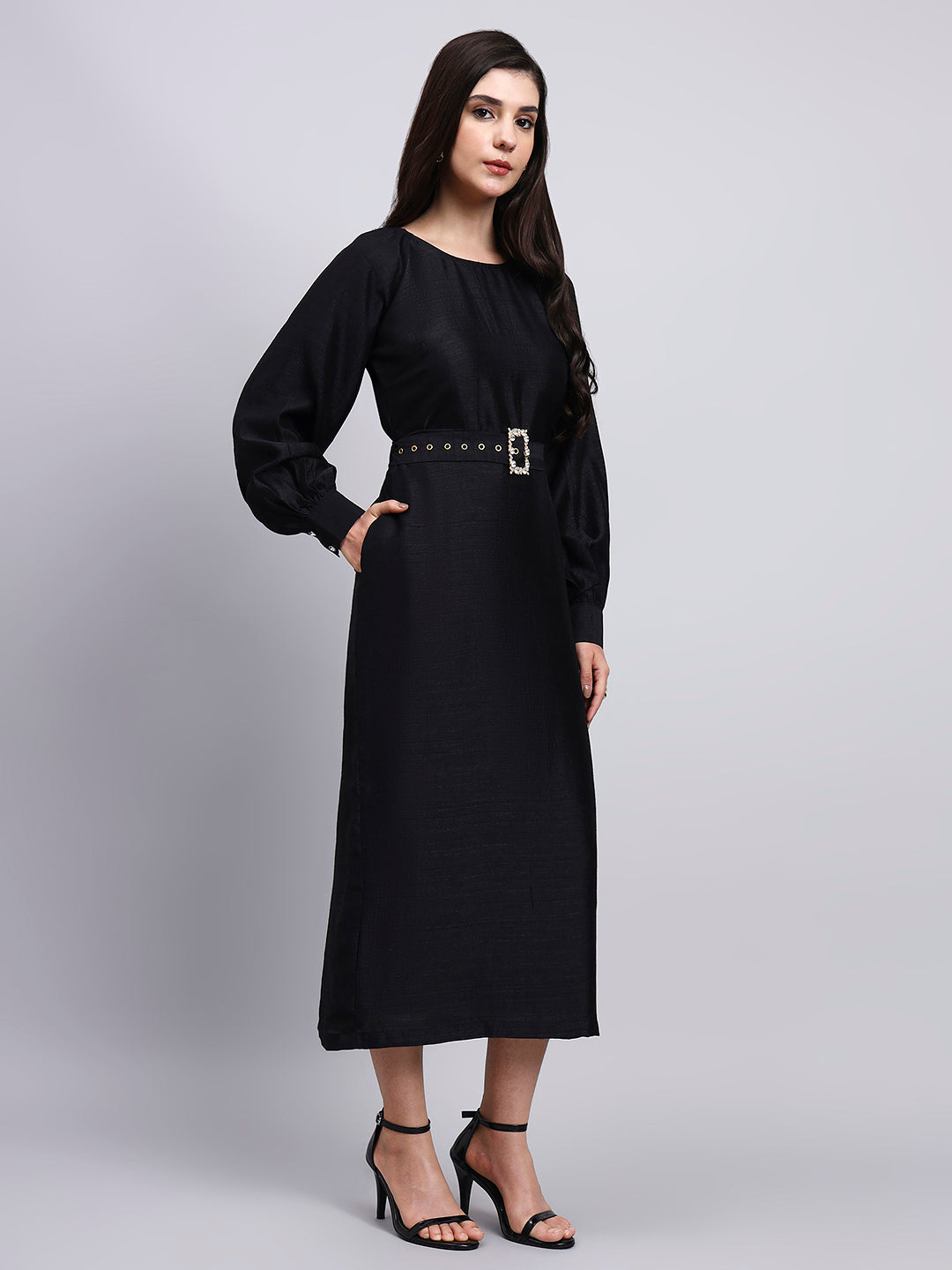 Classic Black Belted Midi Dress