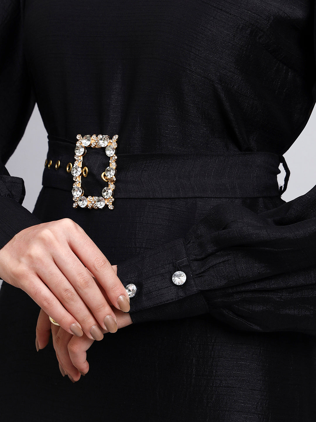 Classic Black Belted Midi Dress