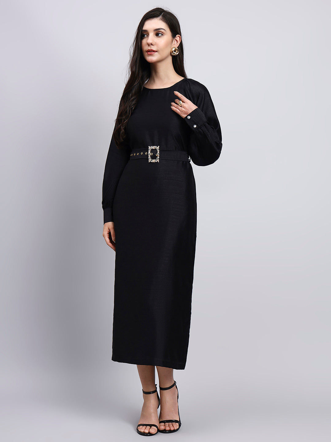 Classic Black Belted Midi Dress