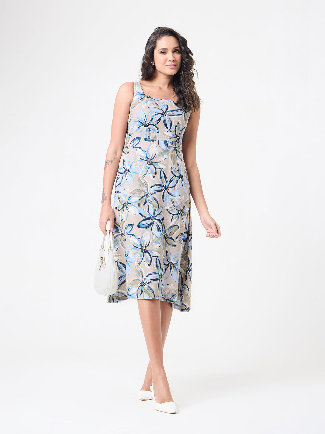 Women Beige Midi Flared Dresses