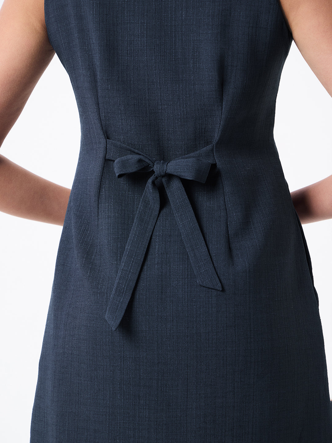 Women Navy Blue Midi Dress with Notched Lapel Blazer
