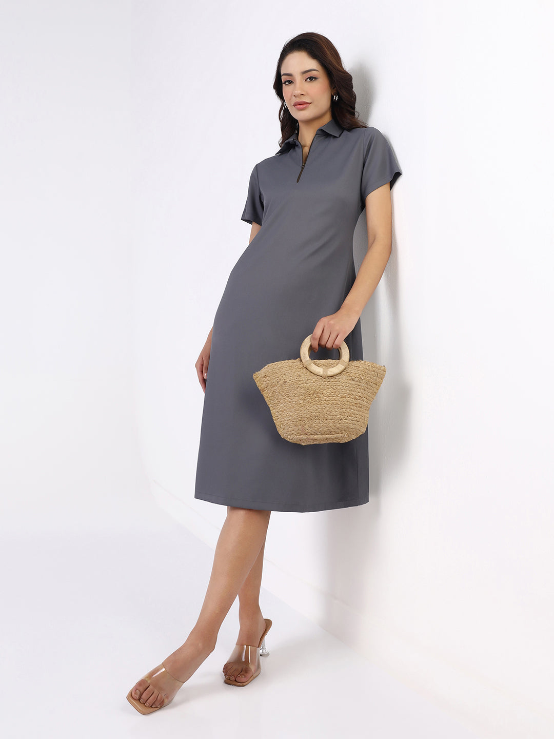 Women Grey Metal Zipper A-line Dress