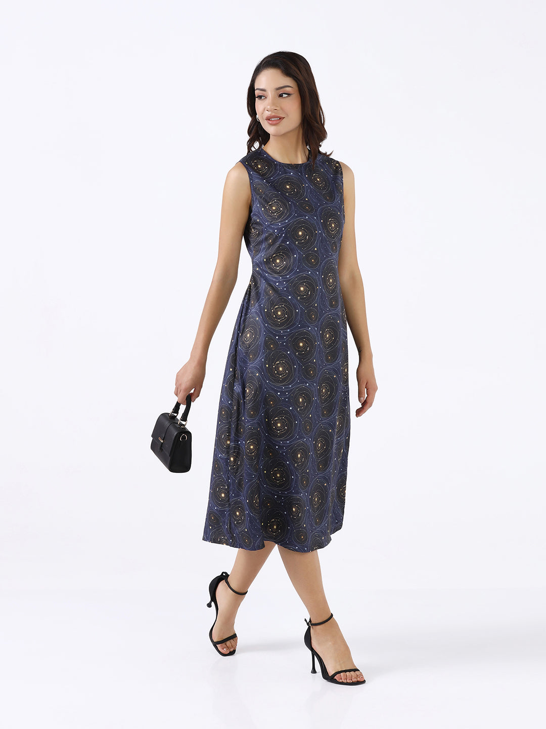 Women Navy Blue Printed A-Line Midi Dress
