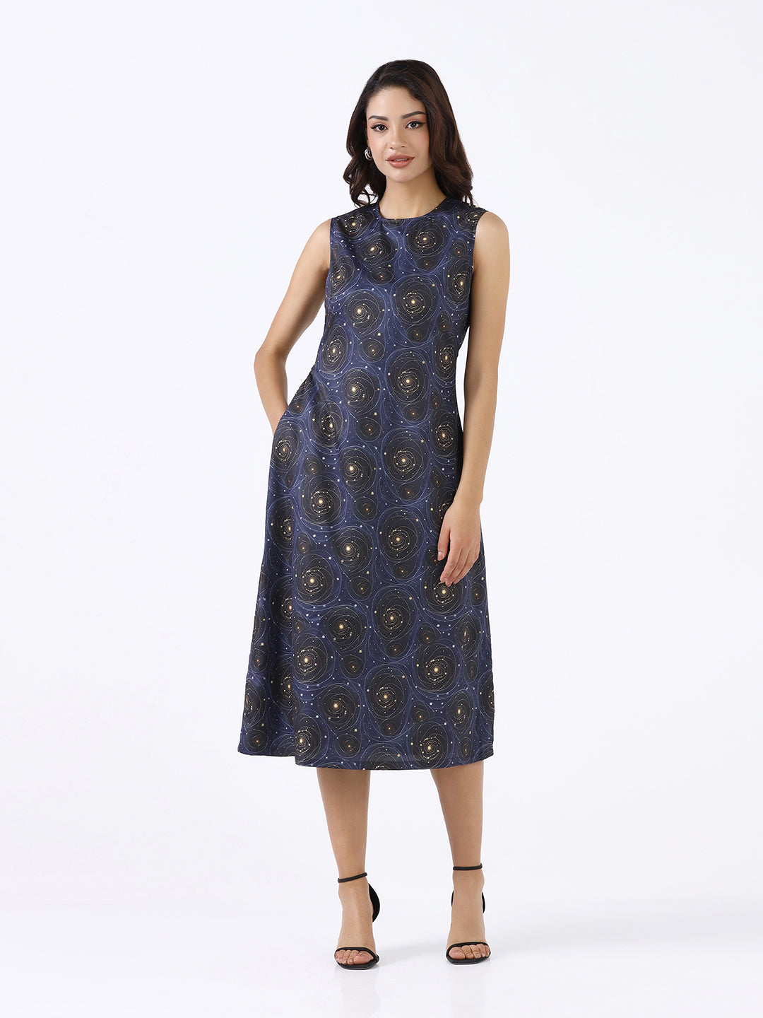 Women Navy Blue Printed A-Line Midi Dress