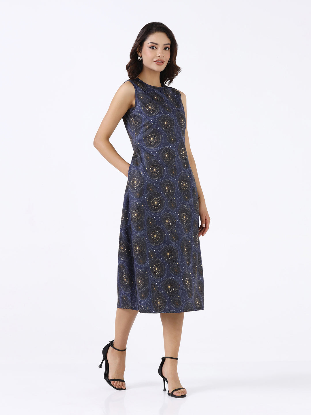 Women Navy Blue Printed A-Line Midi Dress