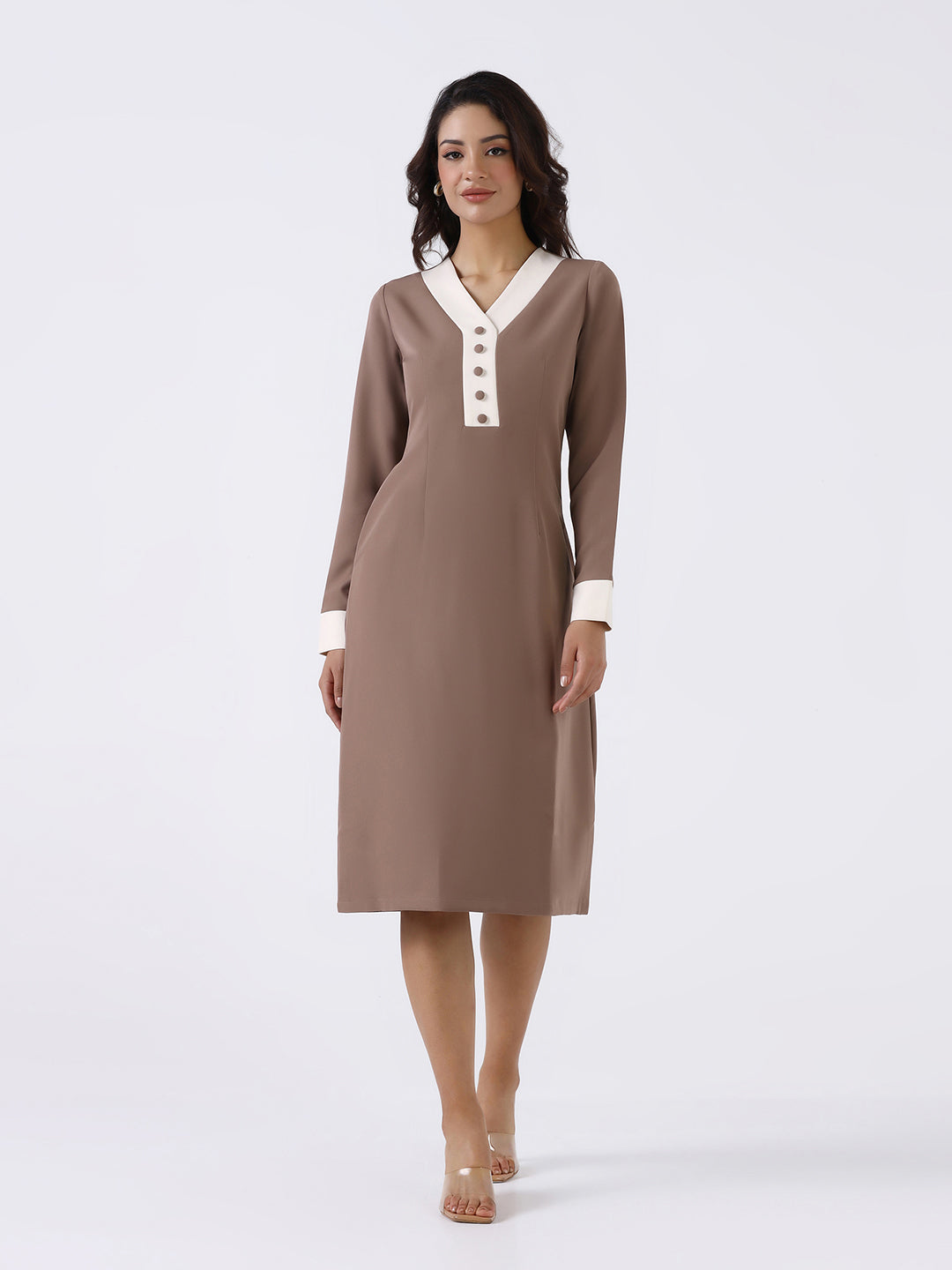 Women Beige Stretch A-Line Midi Dress