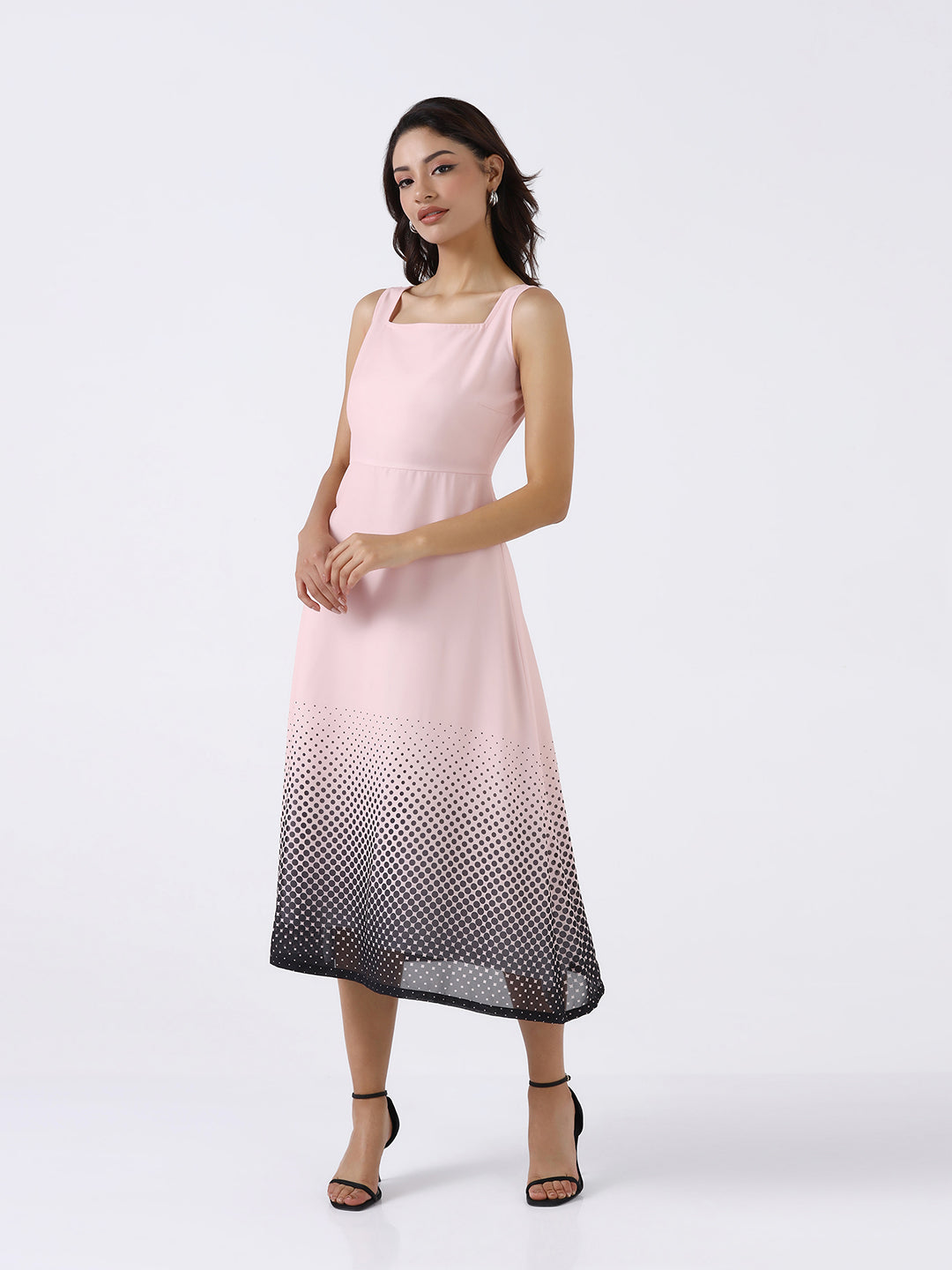 Women Peach Ombre Stretch Flared Midi Dress