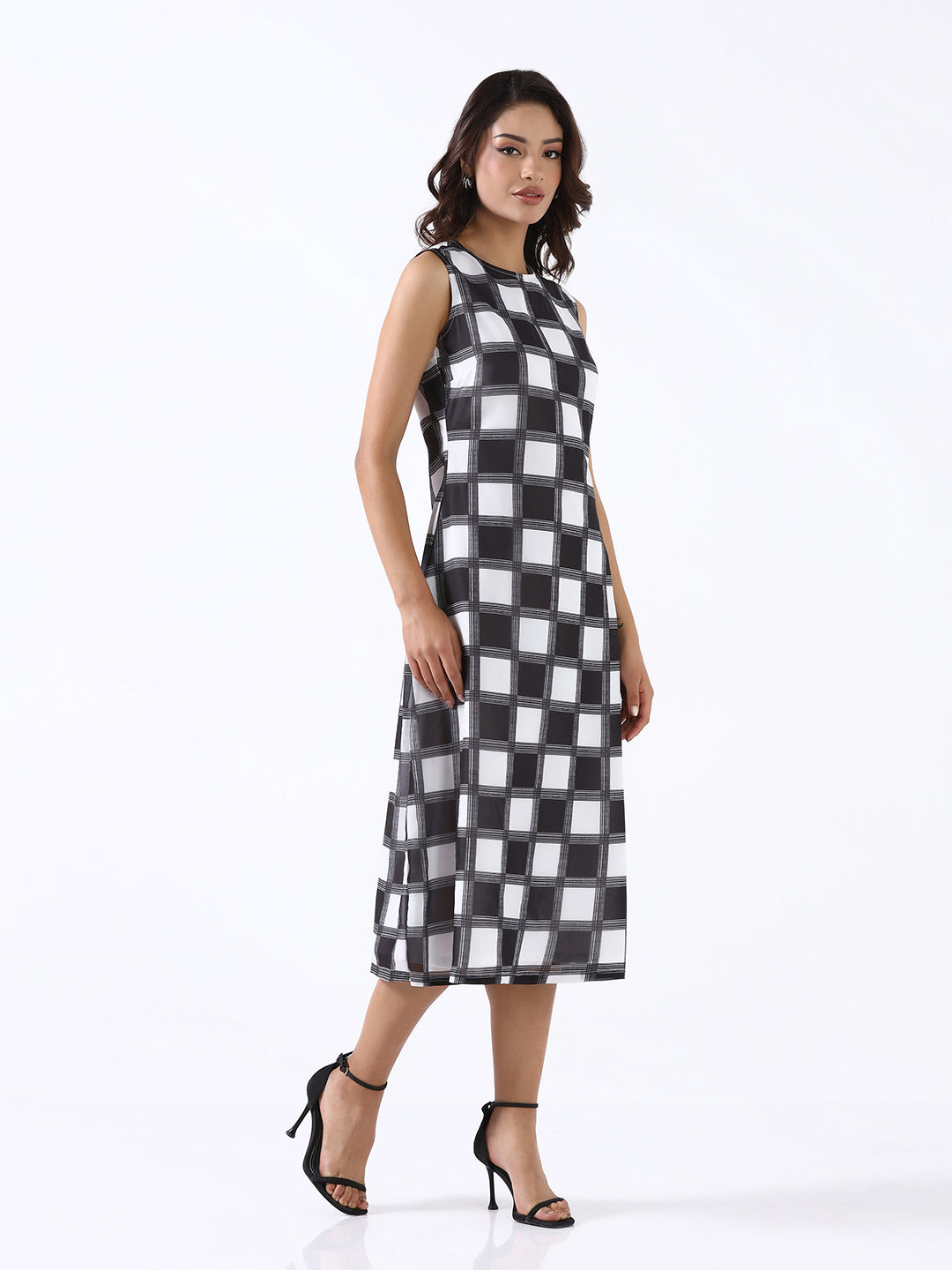 Women Black & White Non-Stretch A-Line Midi Dress