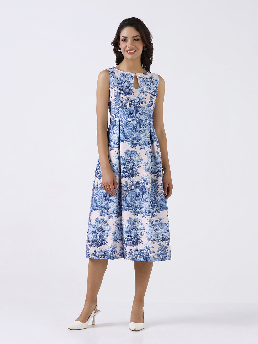 Women Blue Scenic Printed A-Line Midi Dress