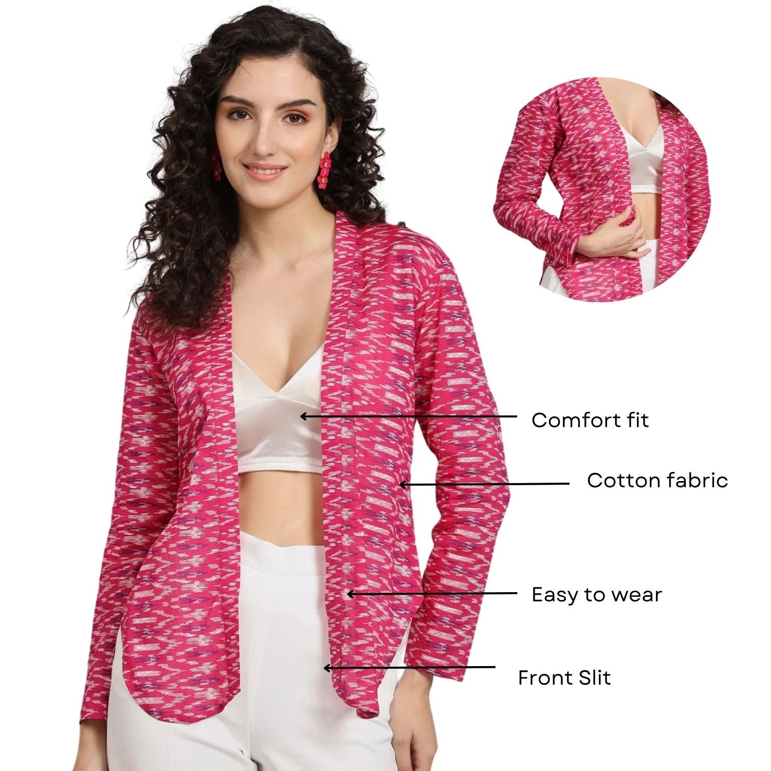 Front Open Ikat Print Jacket - White & Pink