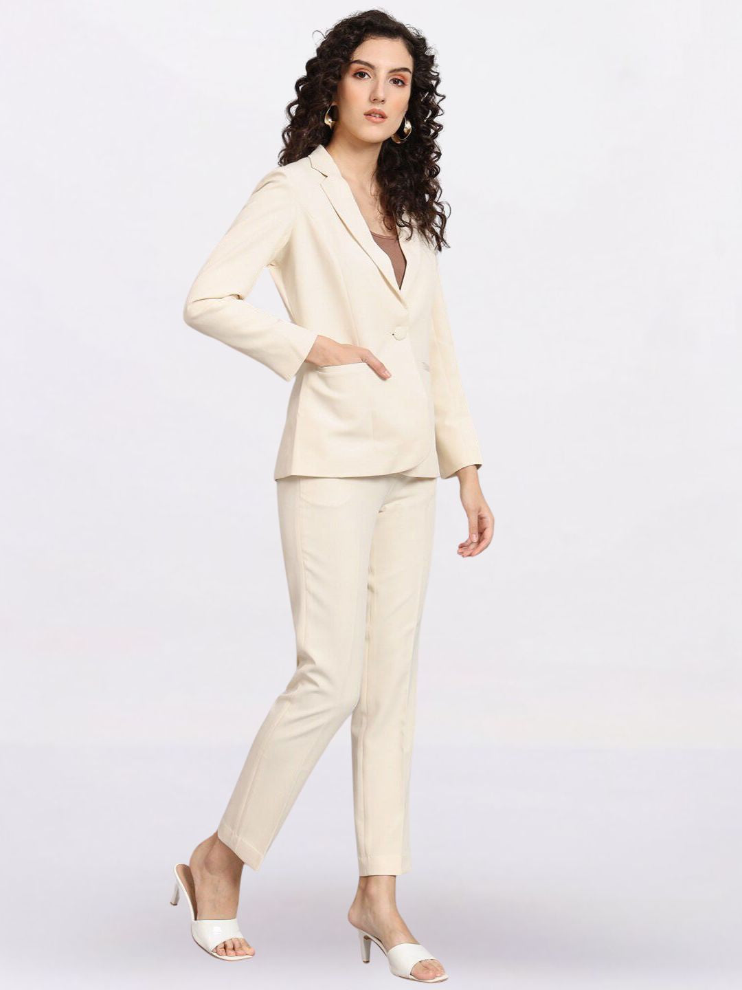 Women Off White Single Breasted Formal Powersuit