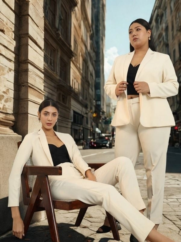 Women Off White Single Breasted Formal Powersuit