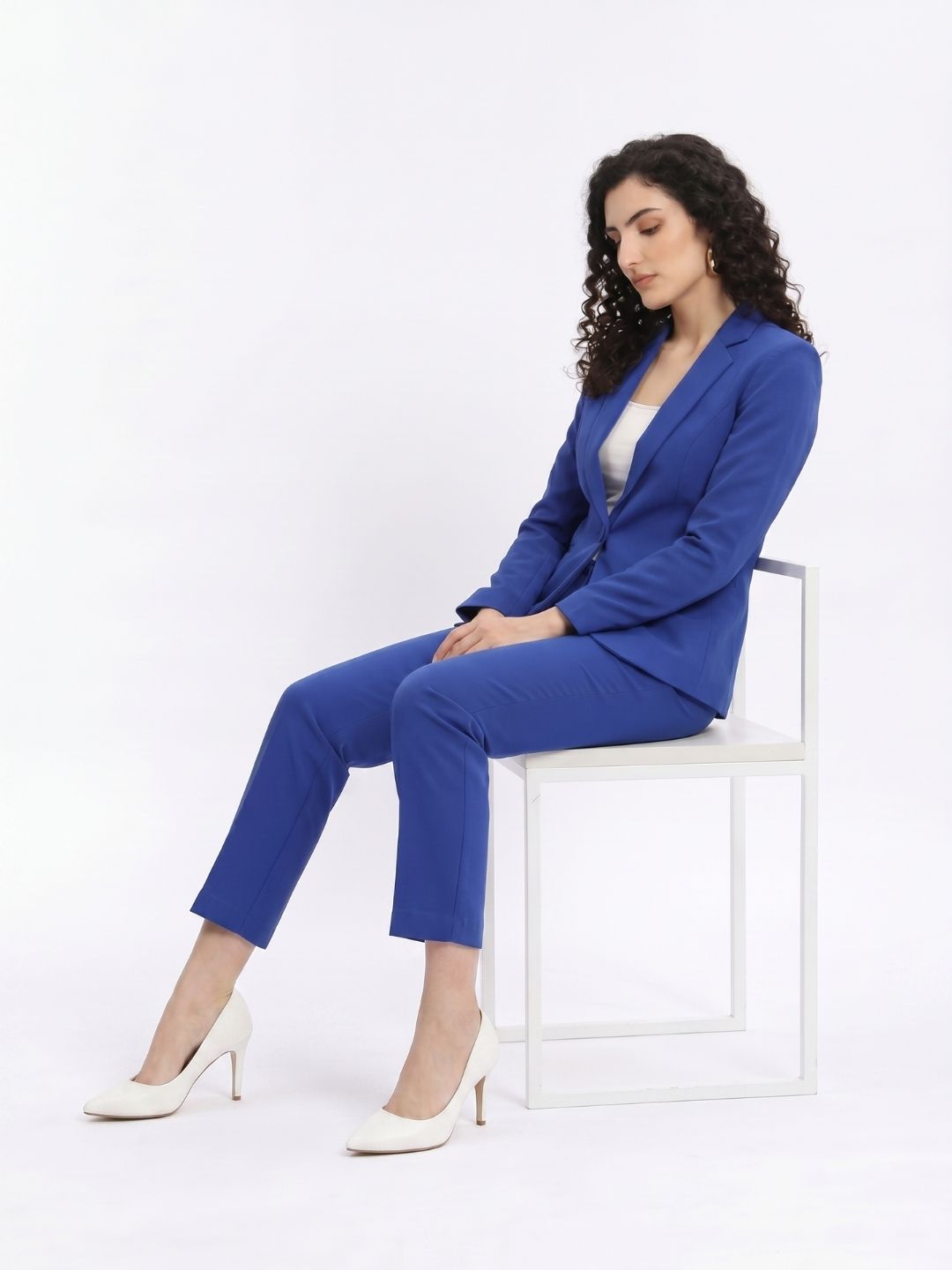 Women Ink Blue Notched Collar Stretch Formal Pant Suit