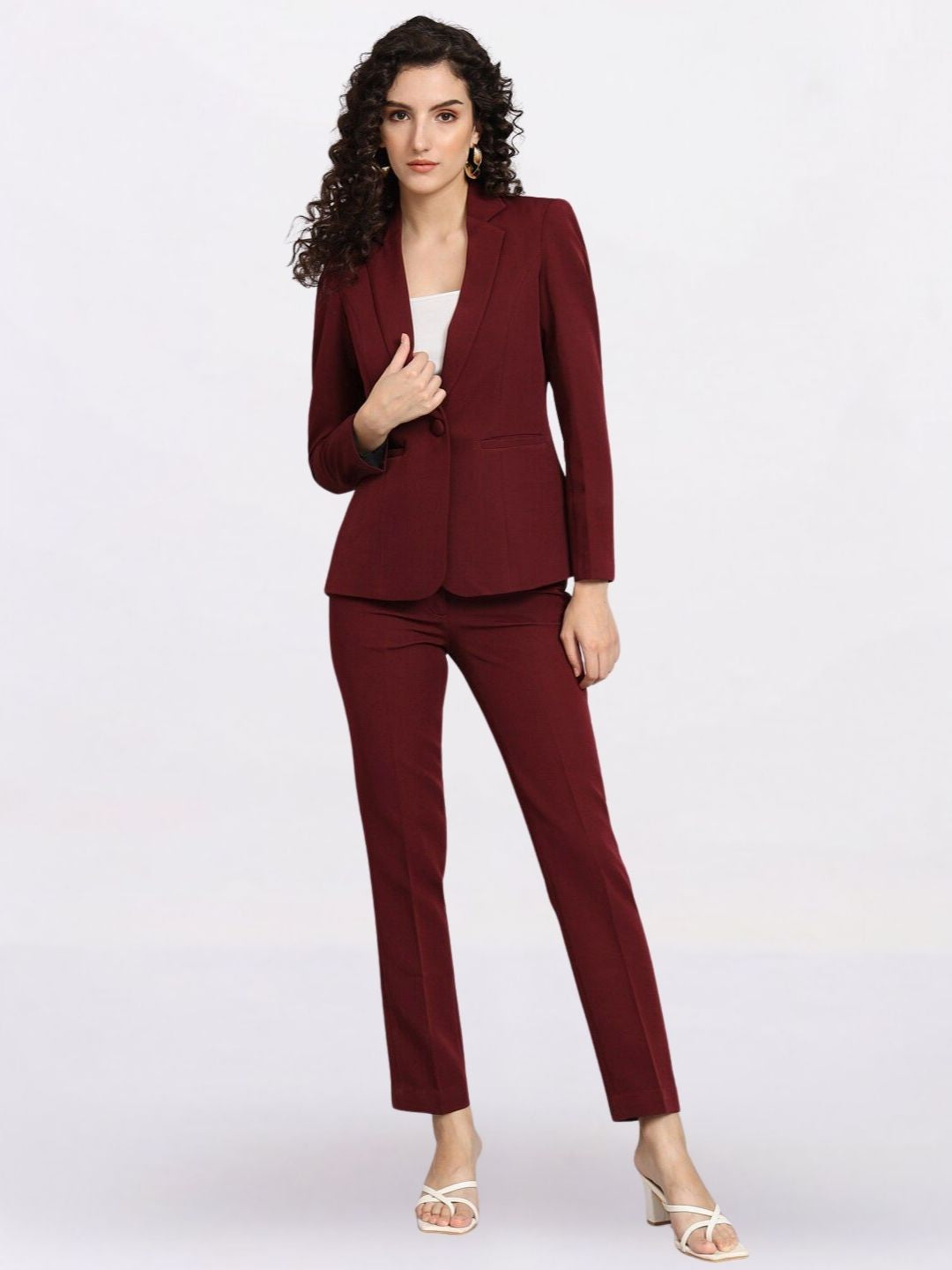 Women Maroon Single-Breasted Formal Pantsuit