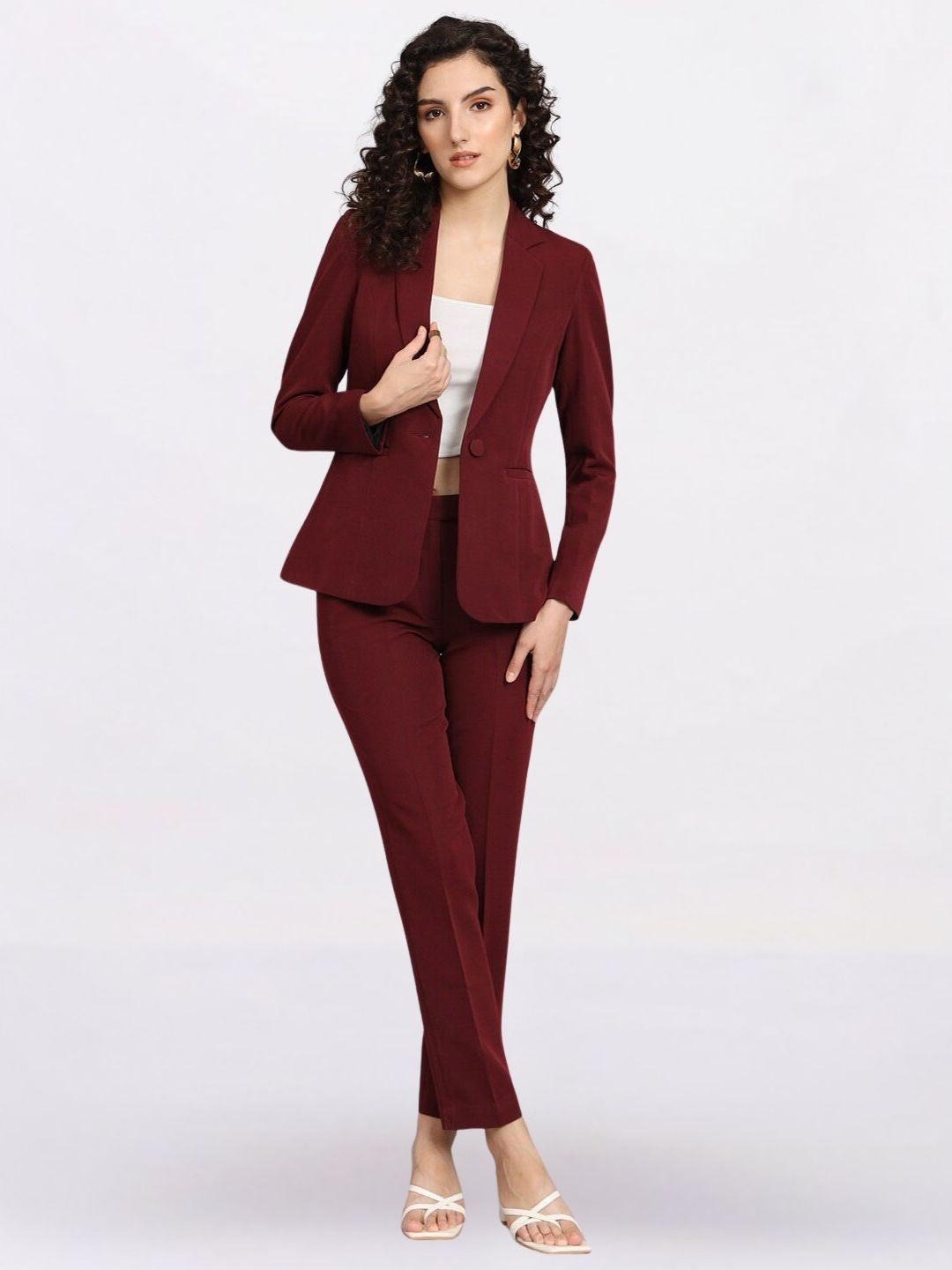 Women Maroon Single-Breasted Formal Pantsuit