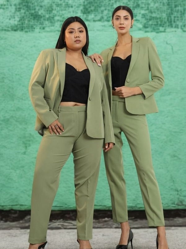Women Olive Green Single-Breasted Formal Pantsuit