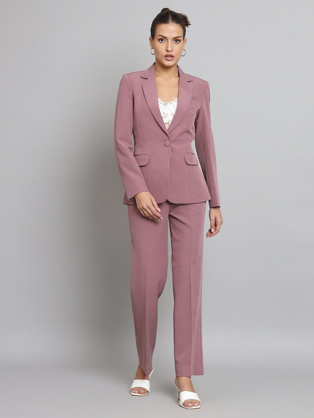 Notch Collar Stretch Pant Suit- Dusty Pink
