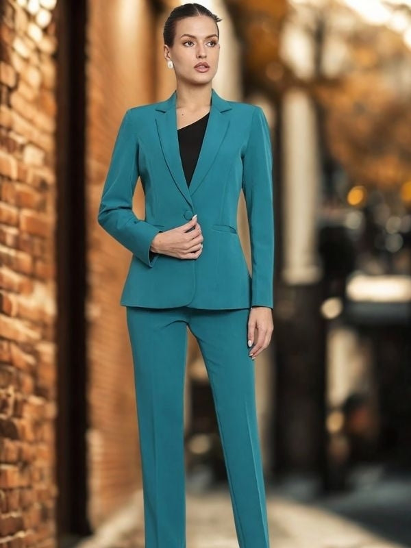 Women Teal Green Single-Breasted Formal Powersuit