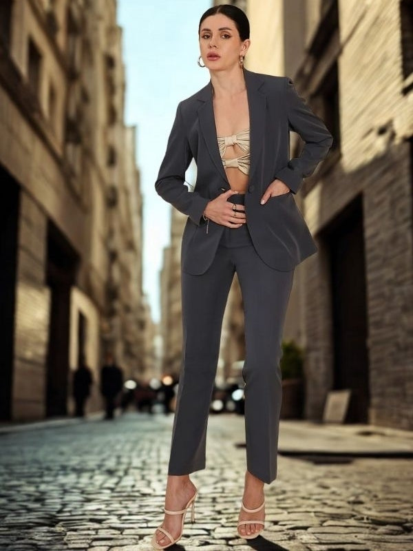 Women Notched Lapel Collar Single-Breasted 2 Piece Suit