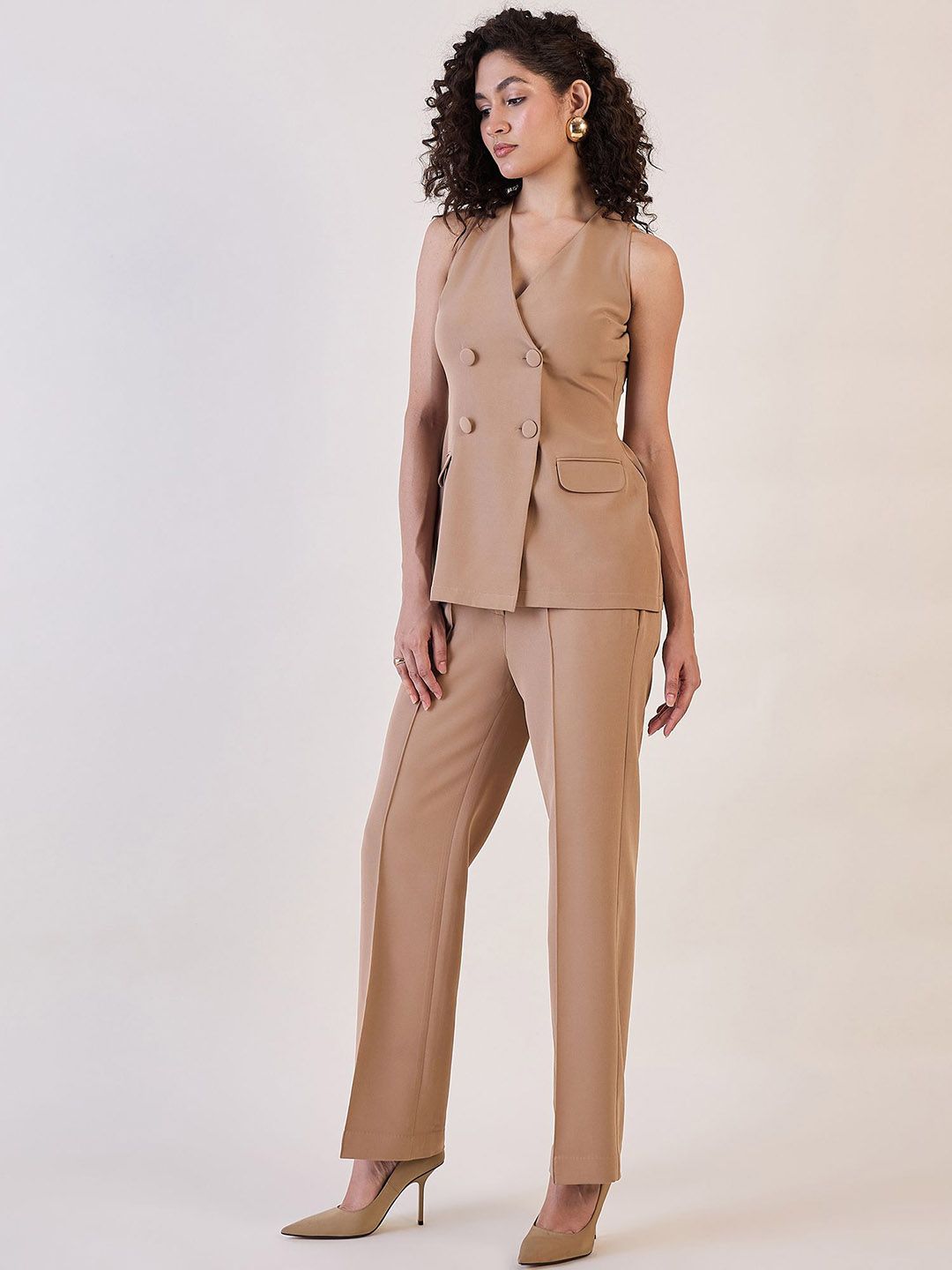 Women V-Neck Sleeveless Top With Trousers Co-ord set