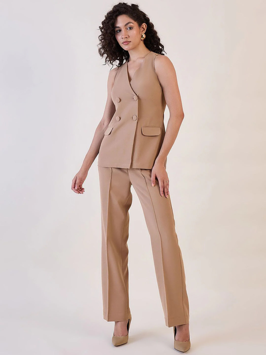 Women V-Neck Sleeveless Top With Trousers Co-ord set