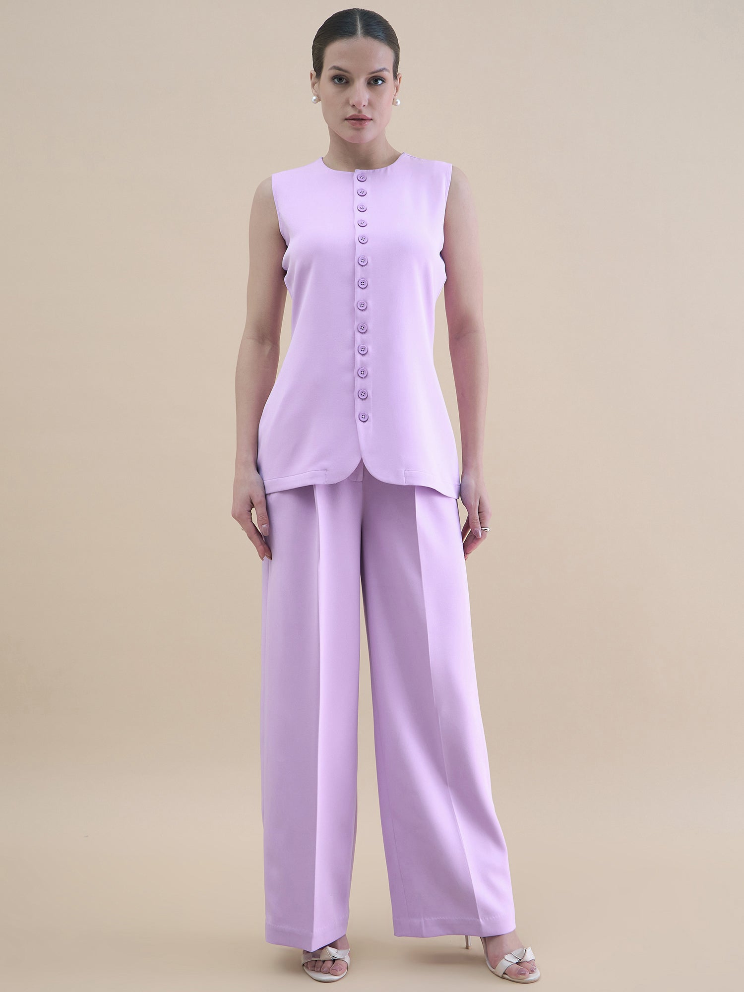 Women Lavender Button Detail Tailored Waistcoat With Loose Fit Trouser Stretchable Co-ord Set