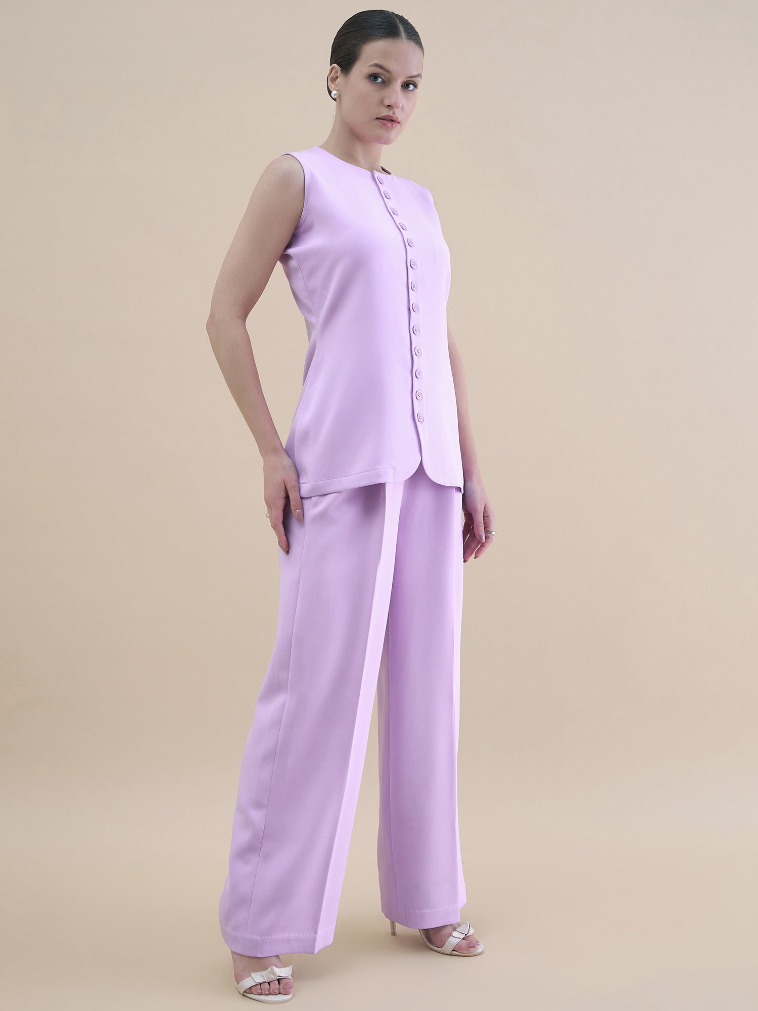 Women Lavender Button Detail Tailored Waistcoat With Loose Fit Trouser Stretchable Co-ord Set