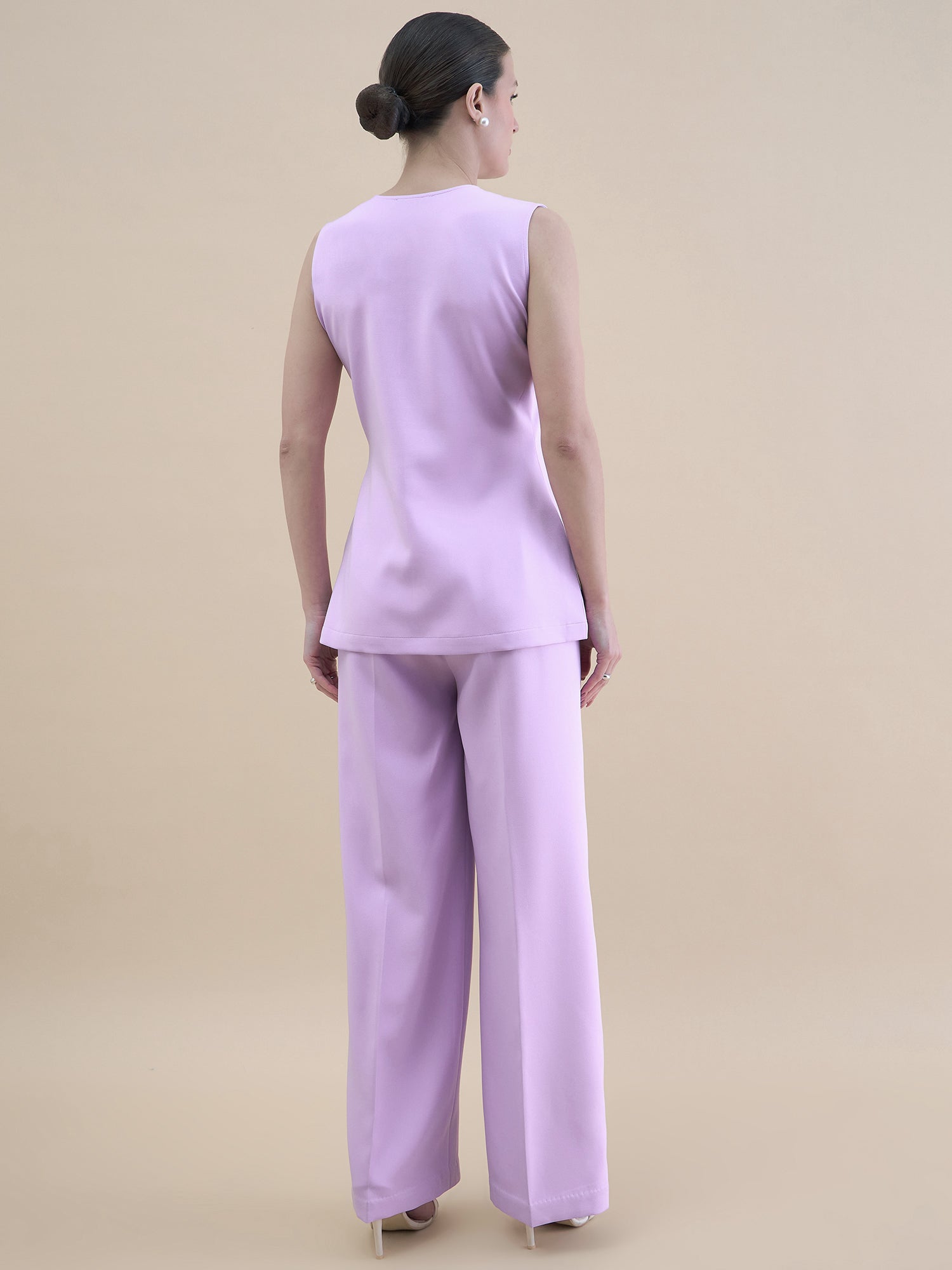 Women Lavender Button Detail Tailored Waistcoat With Loose Fit Trouser Stretchable Co-ord Set