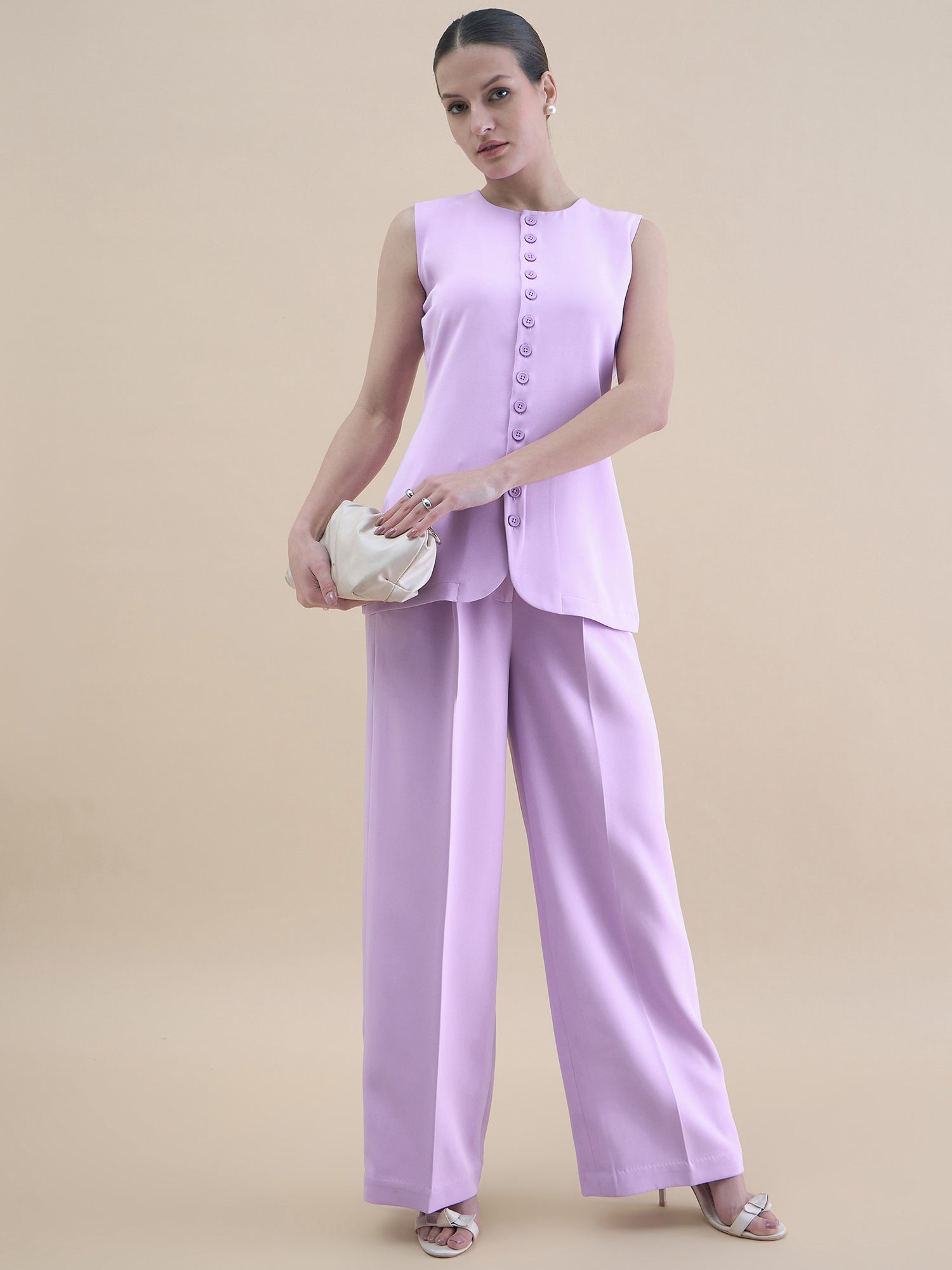 Women Lavender Button Detail Tailored Waistcoat With Loose Fit Trouser Stretchable Co-ord Set