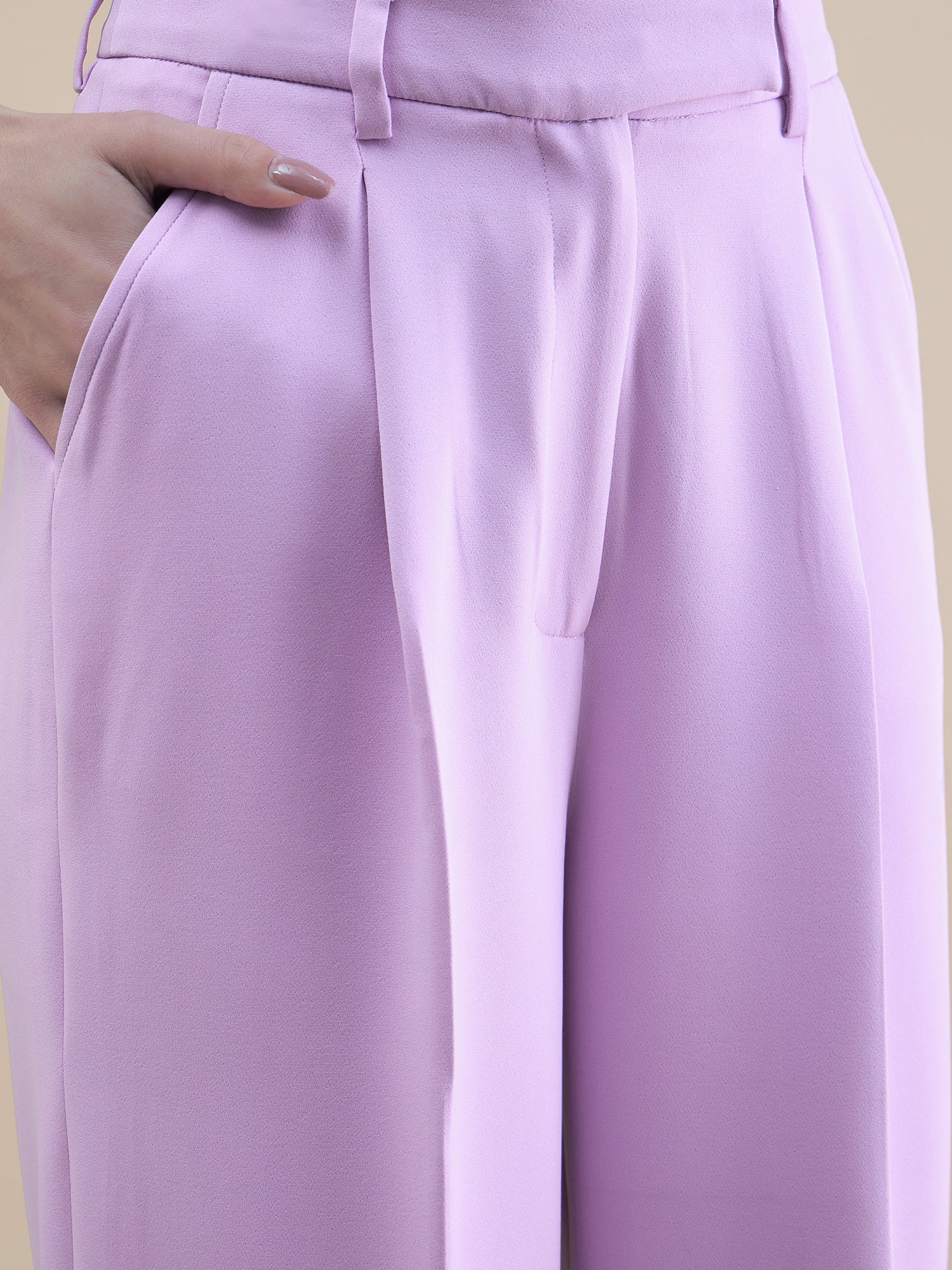 Women Lavender Button Detail Tailored Waistcoat With Loose Fit Trouser Stretchable Co-ord Set
