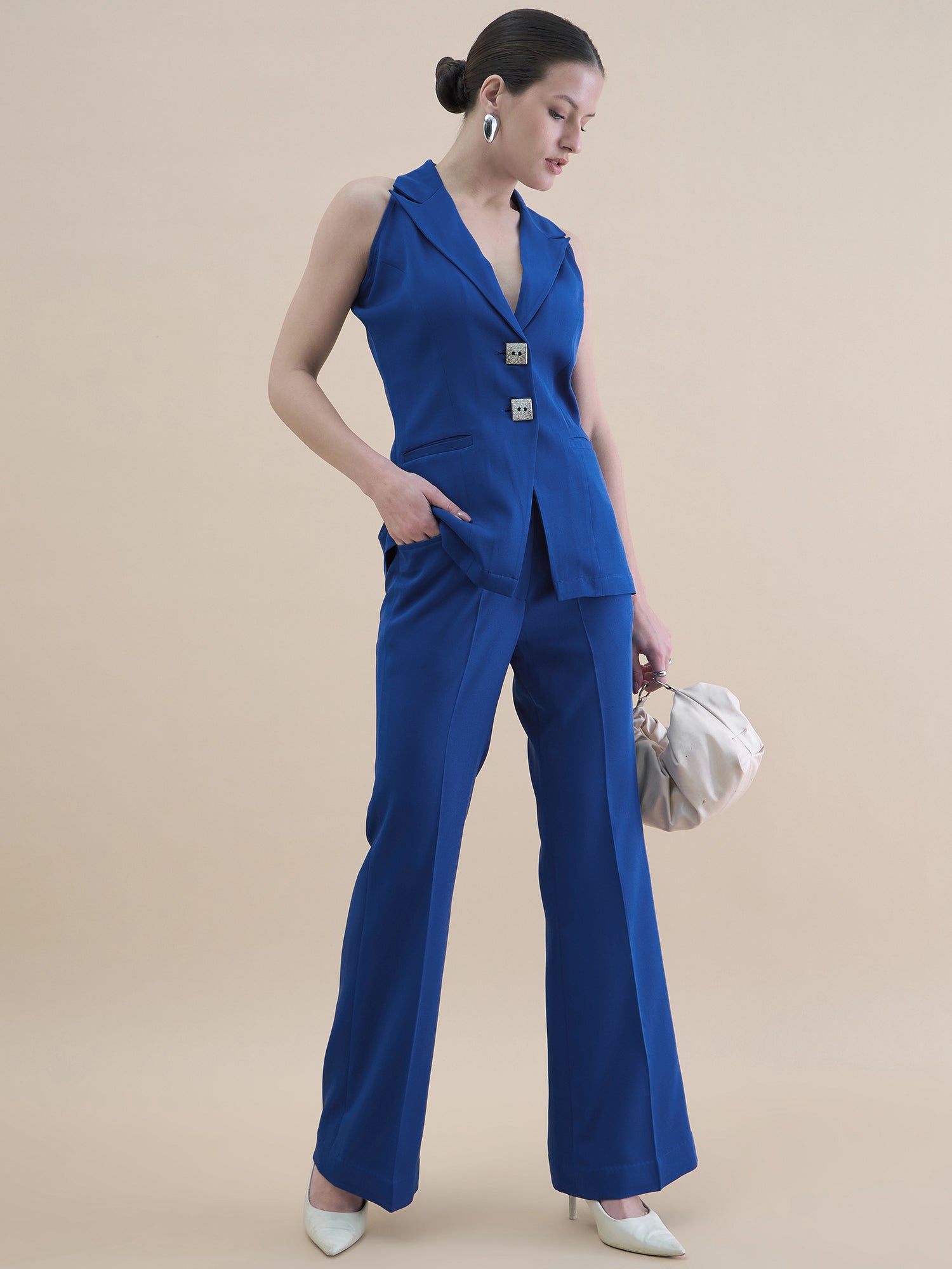 Women Lapel Collar Fitted Waistcoat And Trousers