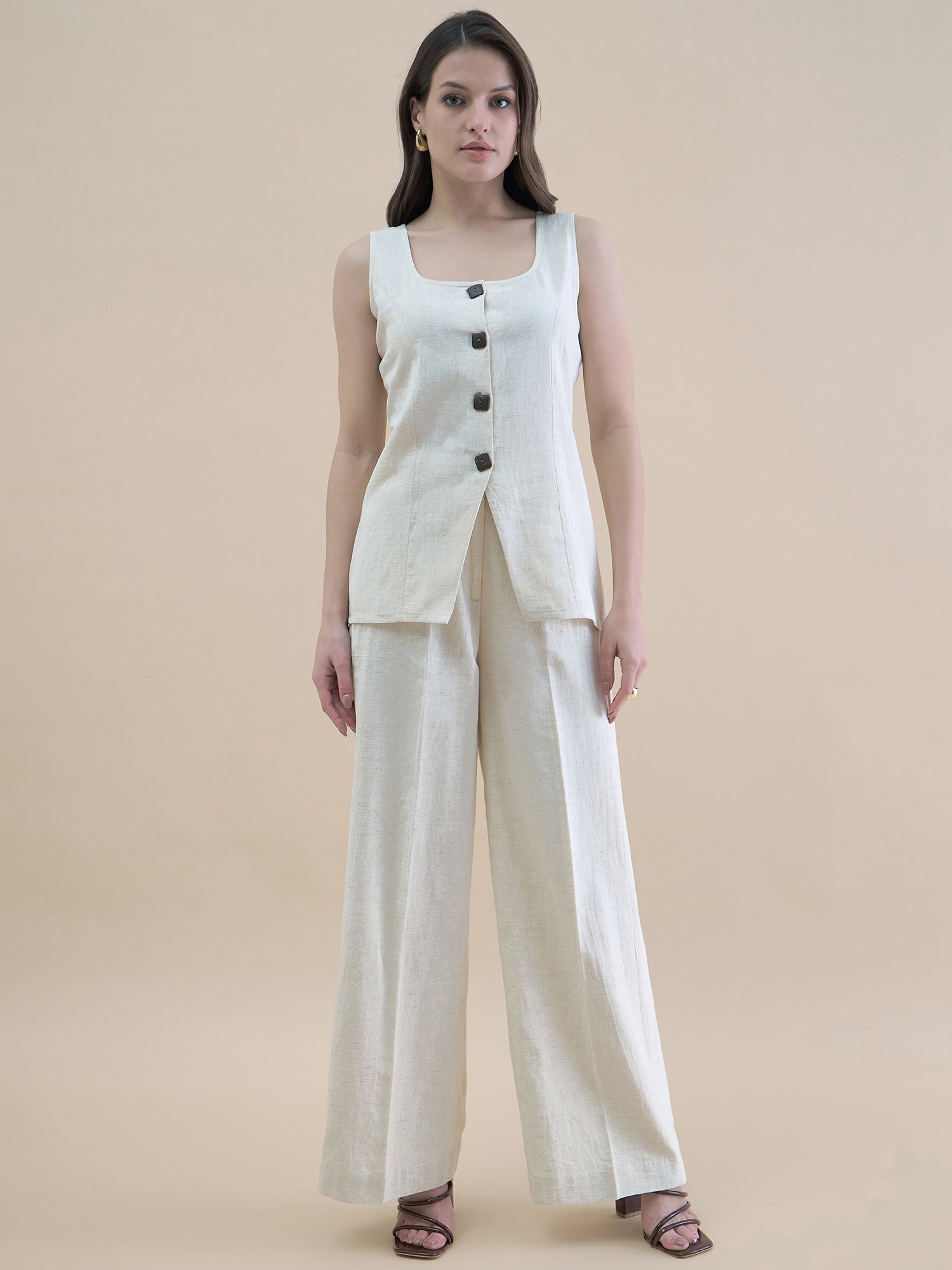 Light Beige U-Neck Linen Blend Tailored Waistcoat With Straight Fit Co-Ords