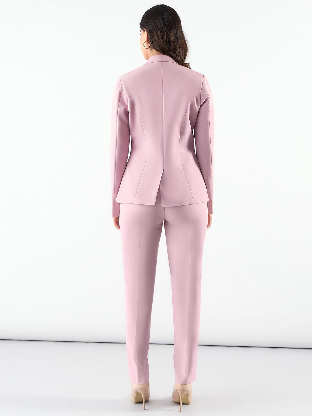 Women Pink Single-Breasted Stretch Formal Pantsuit