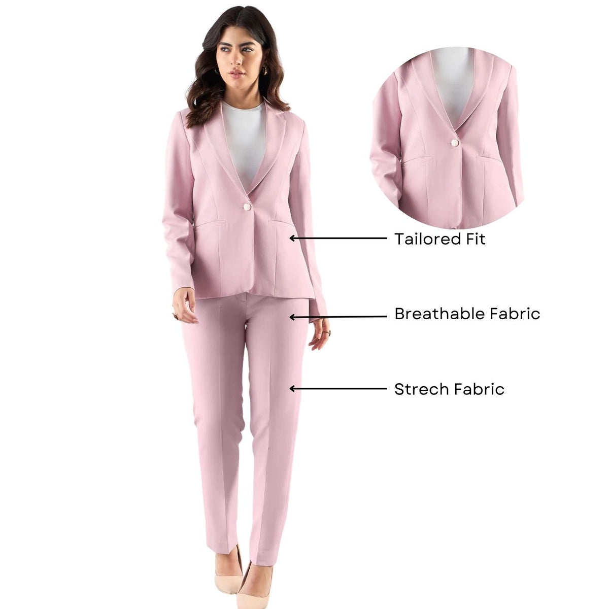 Women Pink Single-Breasted Stretch Formal Pantsuit