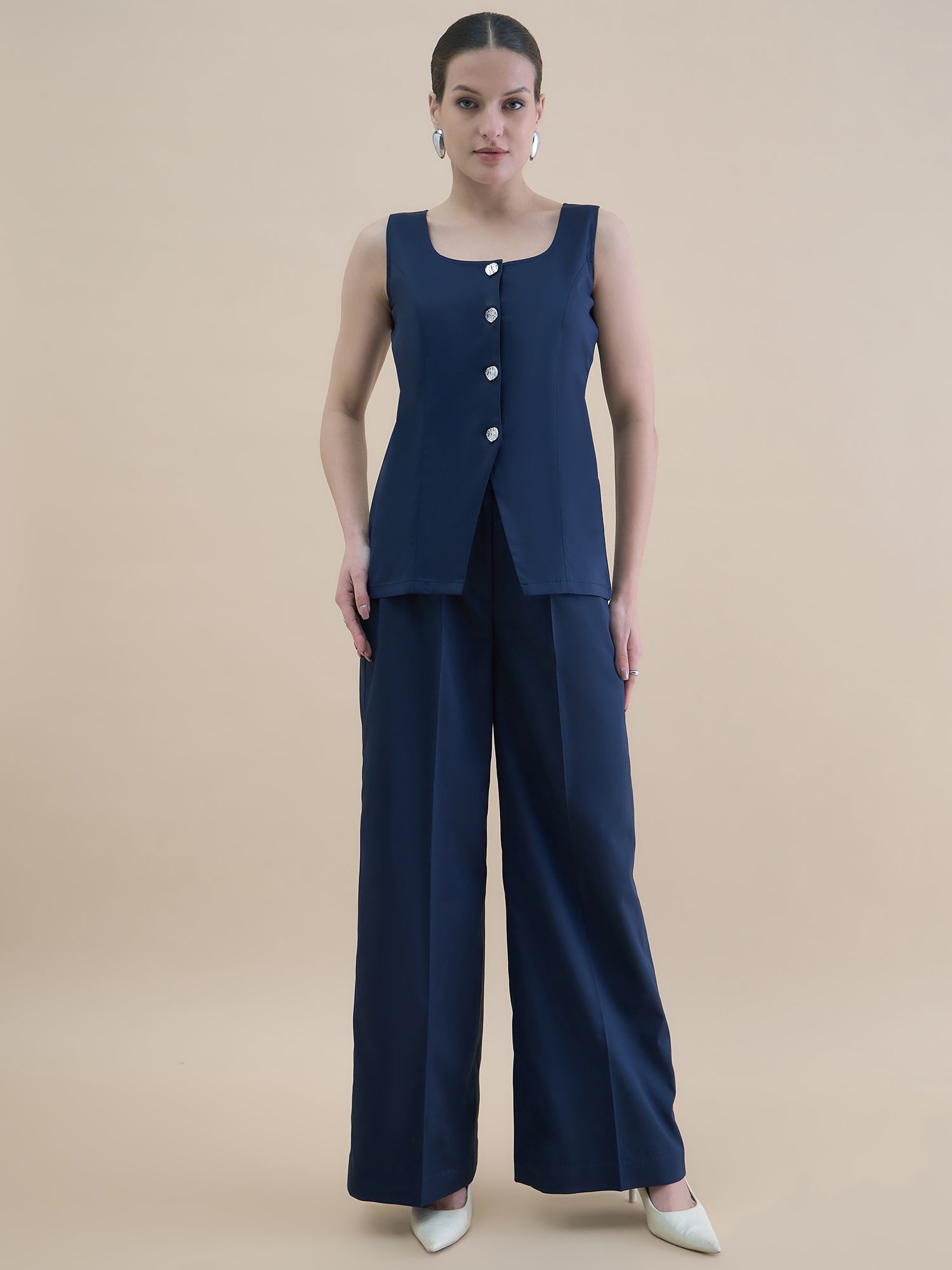 Women Navy Blue U-Neck Tailored Waistcoat With Straight Fit Co-Ords