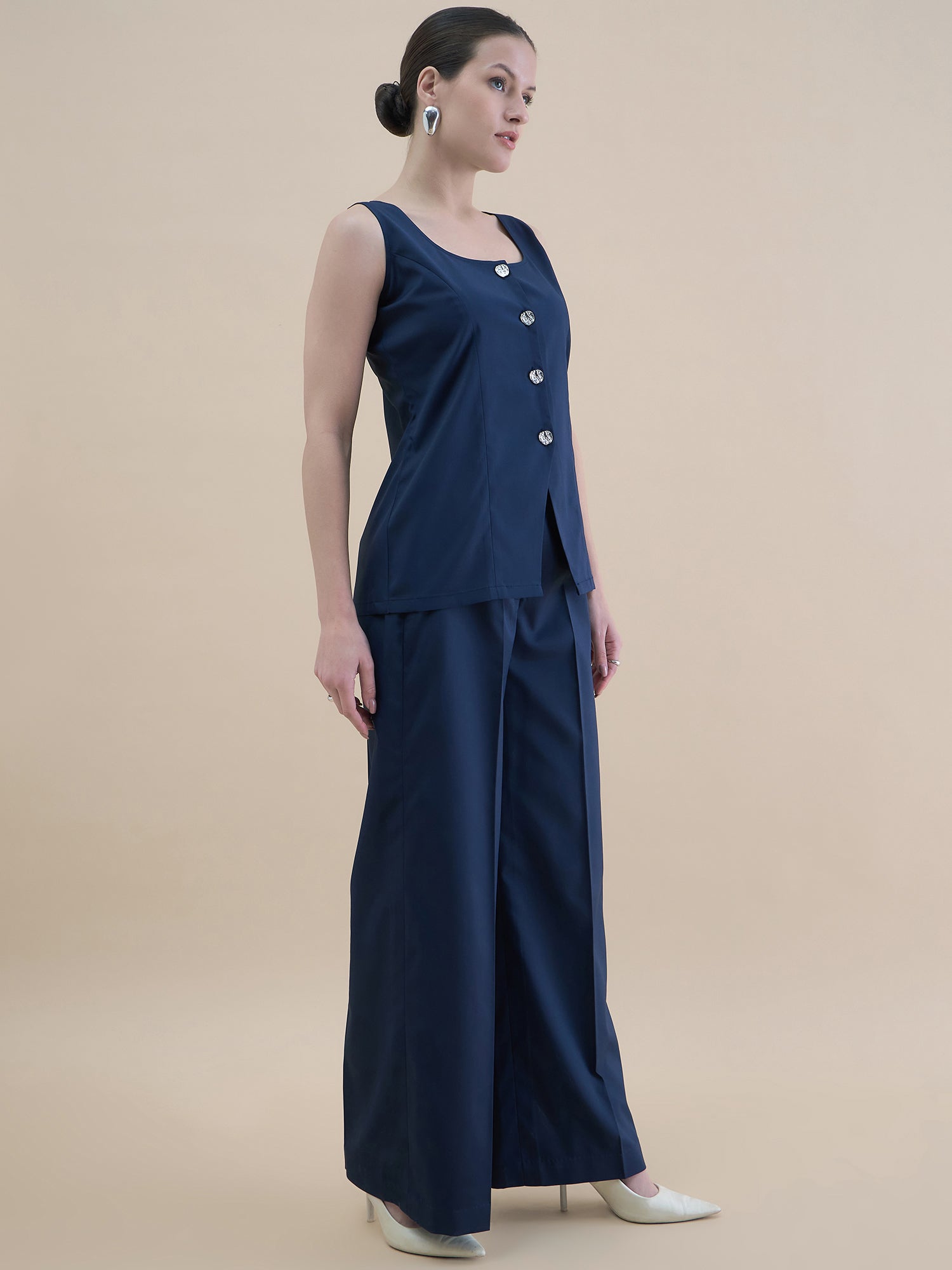 Women Navy Blue U-Neck Tailored Waistcoat With Straight Fit Co-Ords