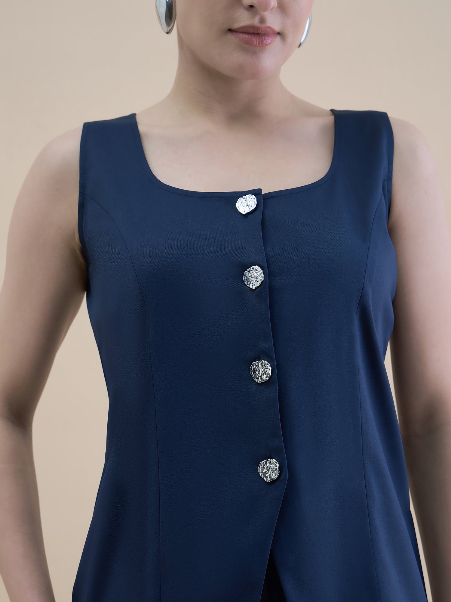 Women Navy Blue U-Neck Tailored Waistcoat With Straight Fit Co-Ords